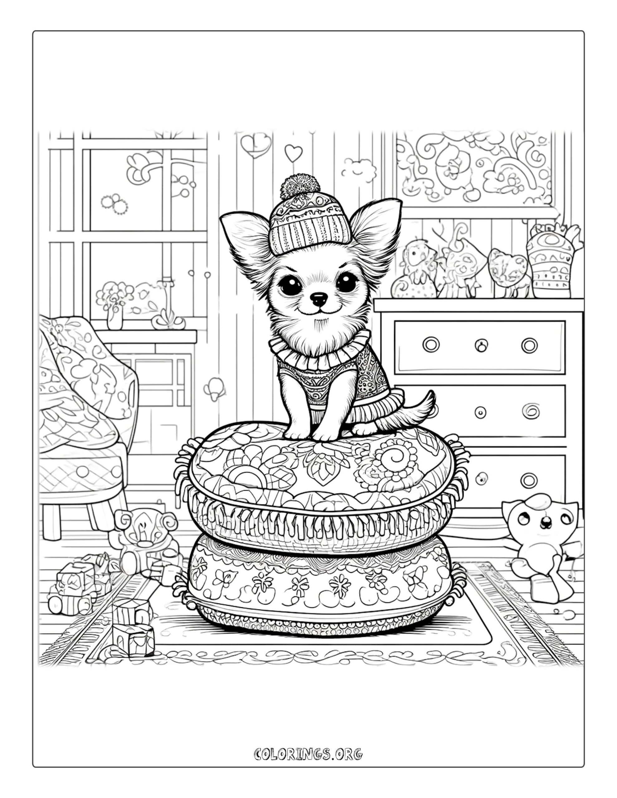 Chihuahua on cushion coloring page