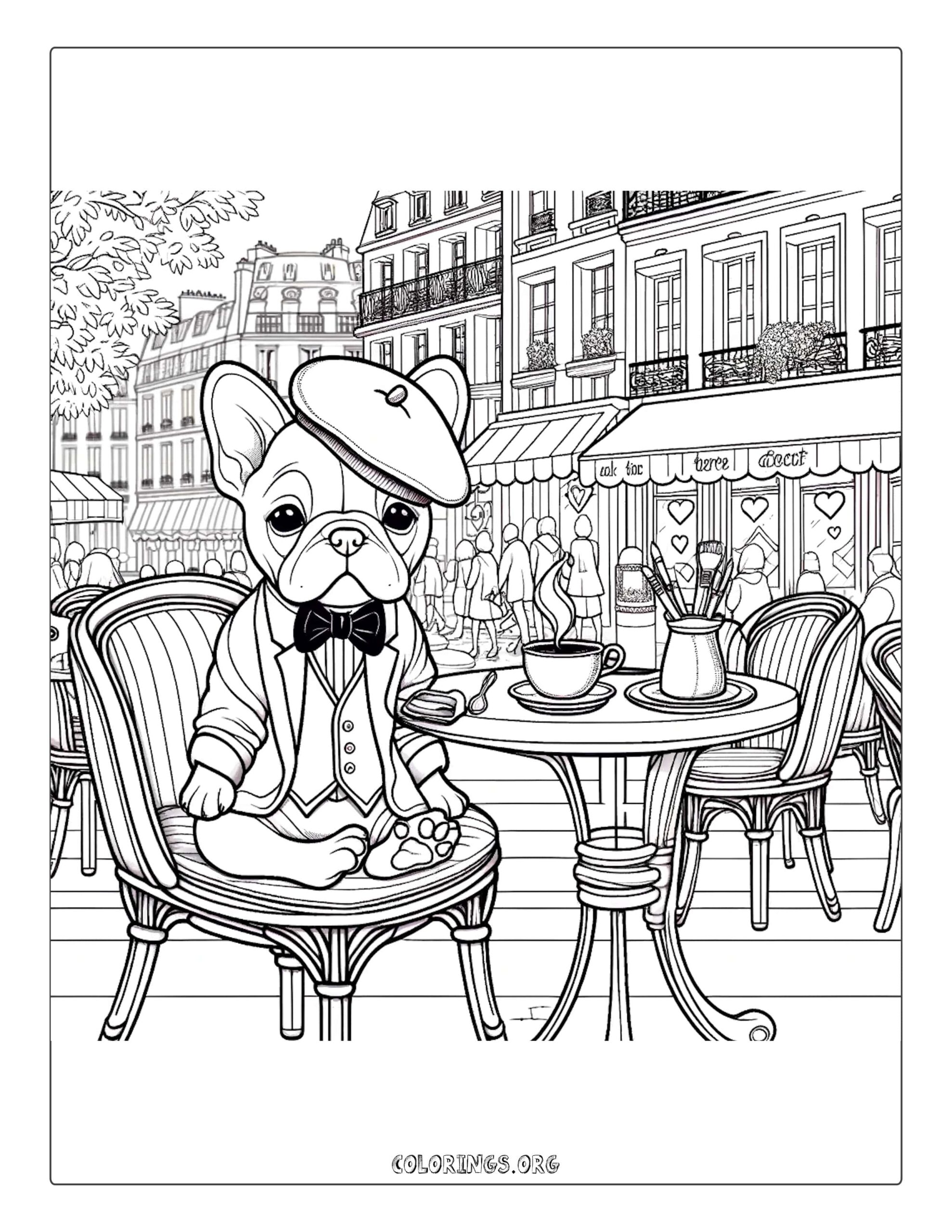 French bulldog in Paris café coloring page
