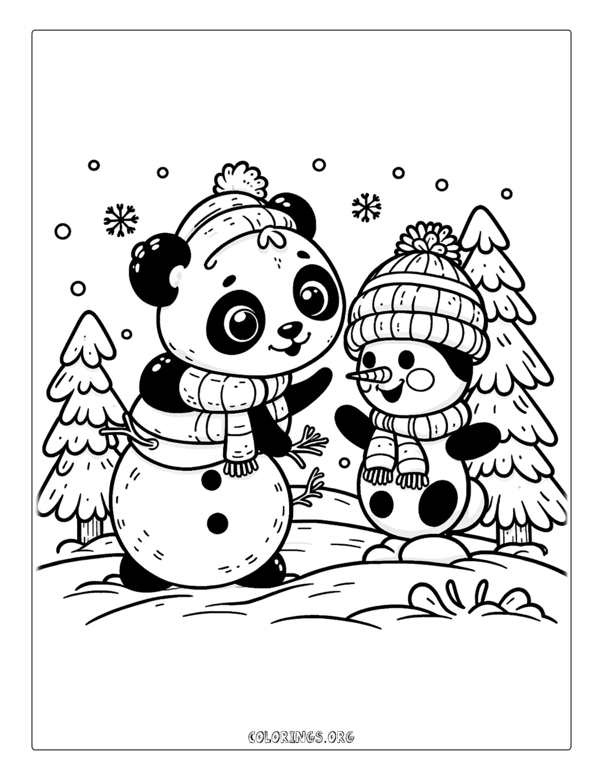 Panda Cub with Snowman Coloring Page