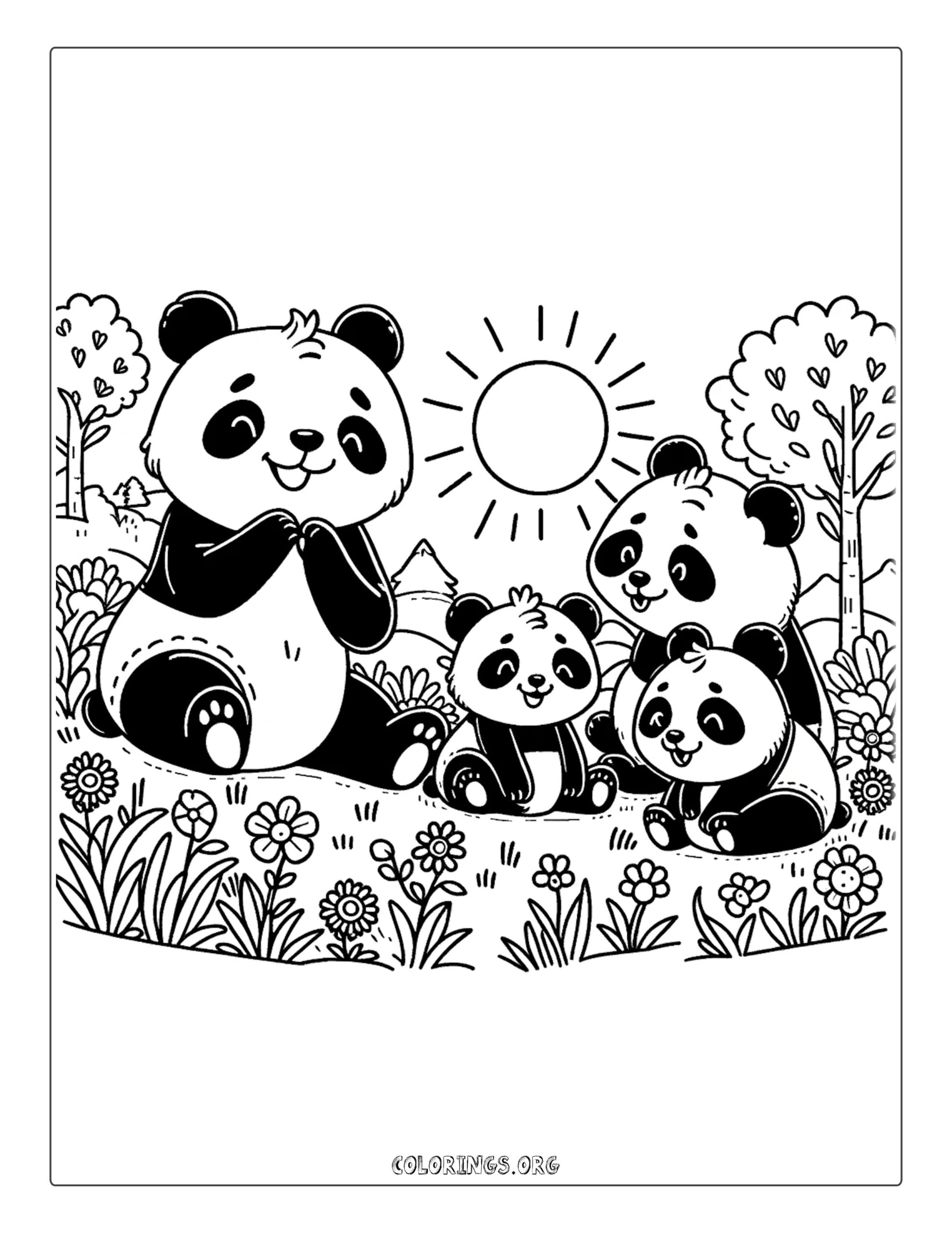 Panda Family in Meadow Coloring Page