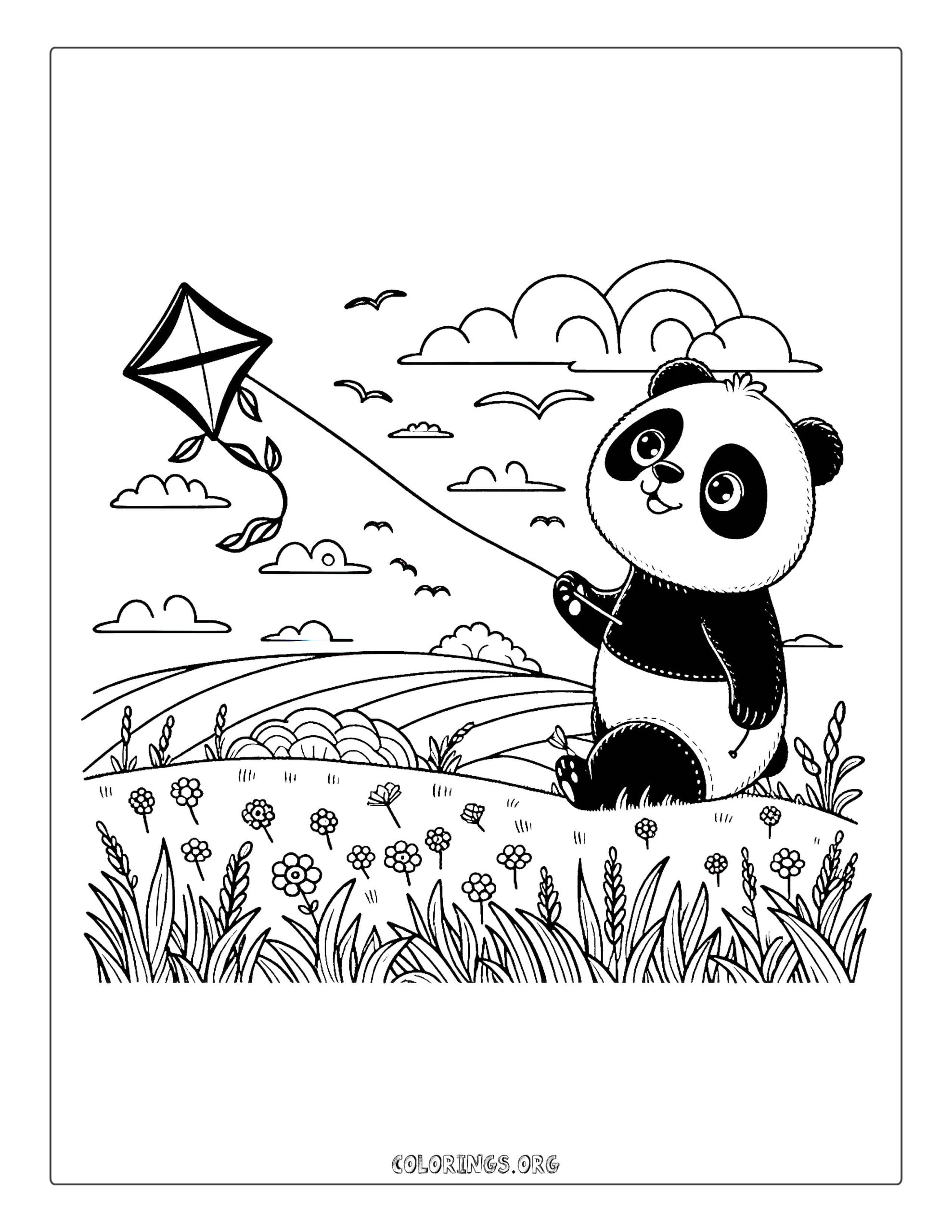Panda Flying Kite Coloring Page