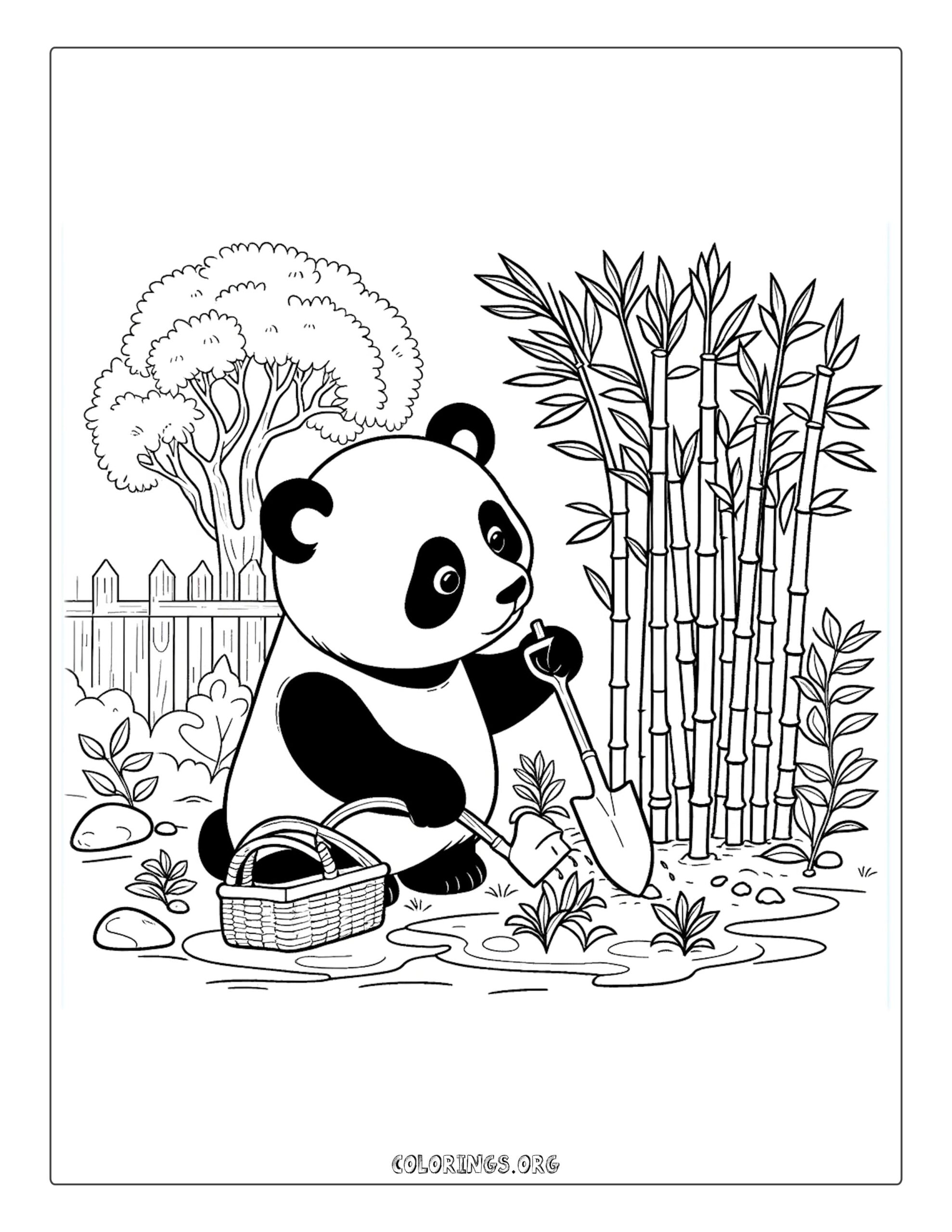 Panda Gardener Planting Bamboo Coloring Page