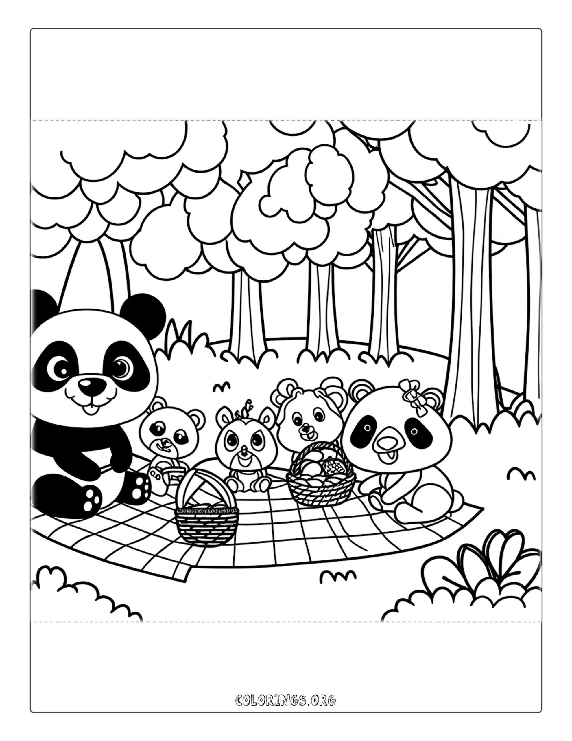 Panda Picnic with Forest Animals Coloring Page