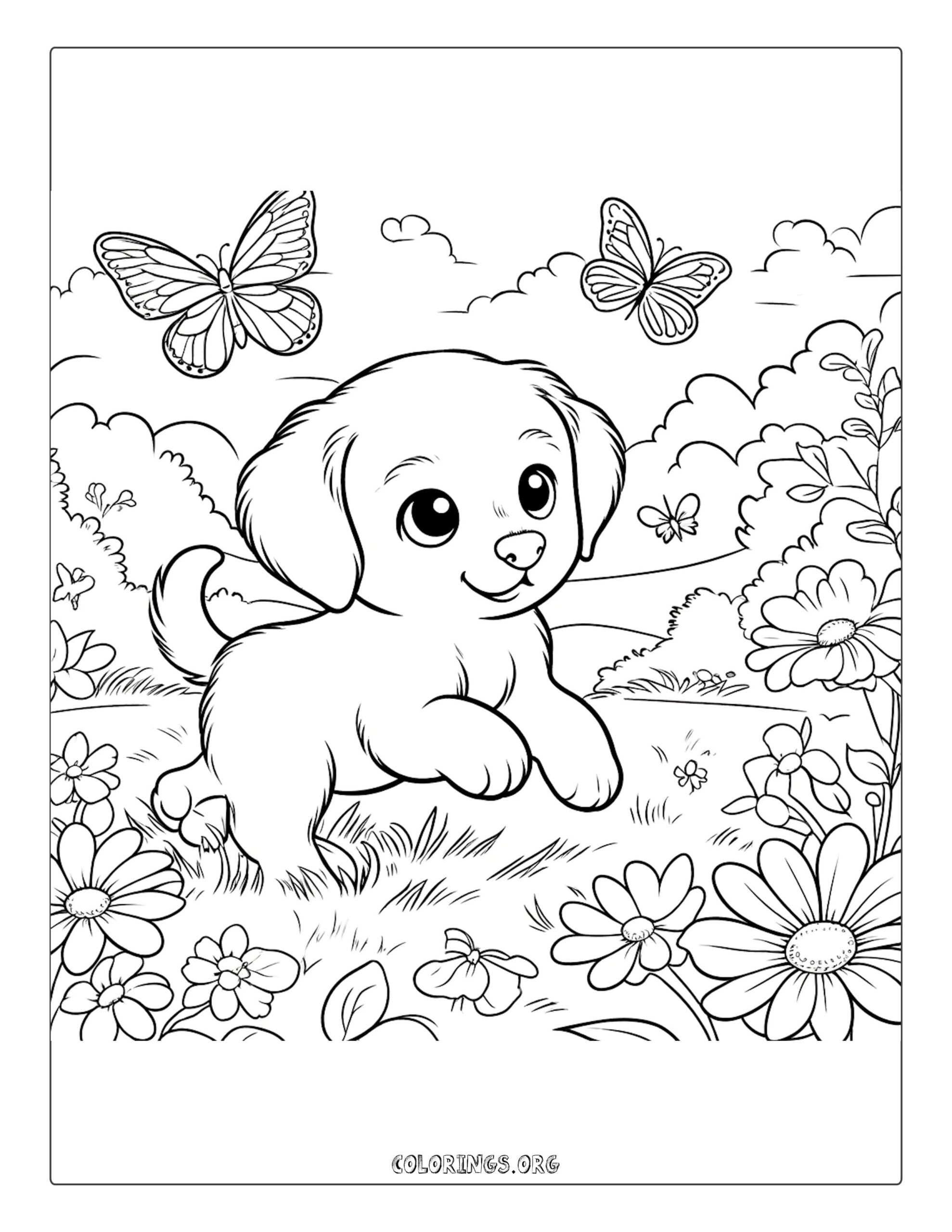 Playful puppy in meadow coloring page