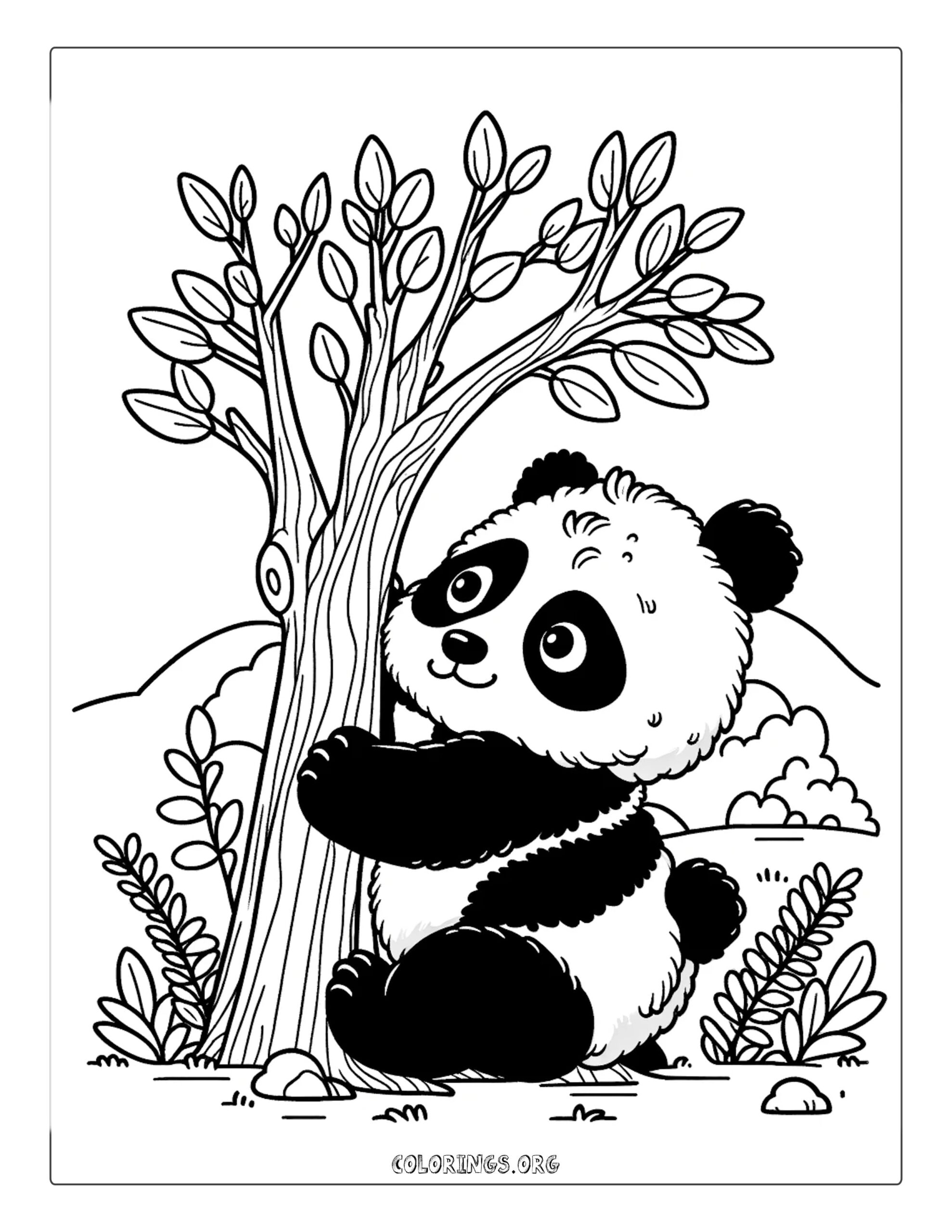 Young Panda Climbing Tree Coloring Page